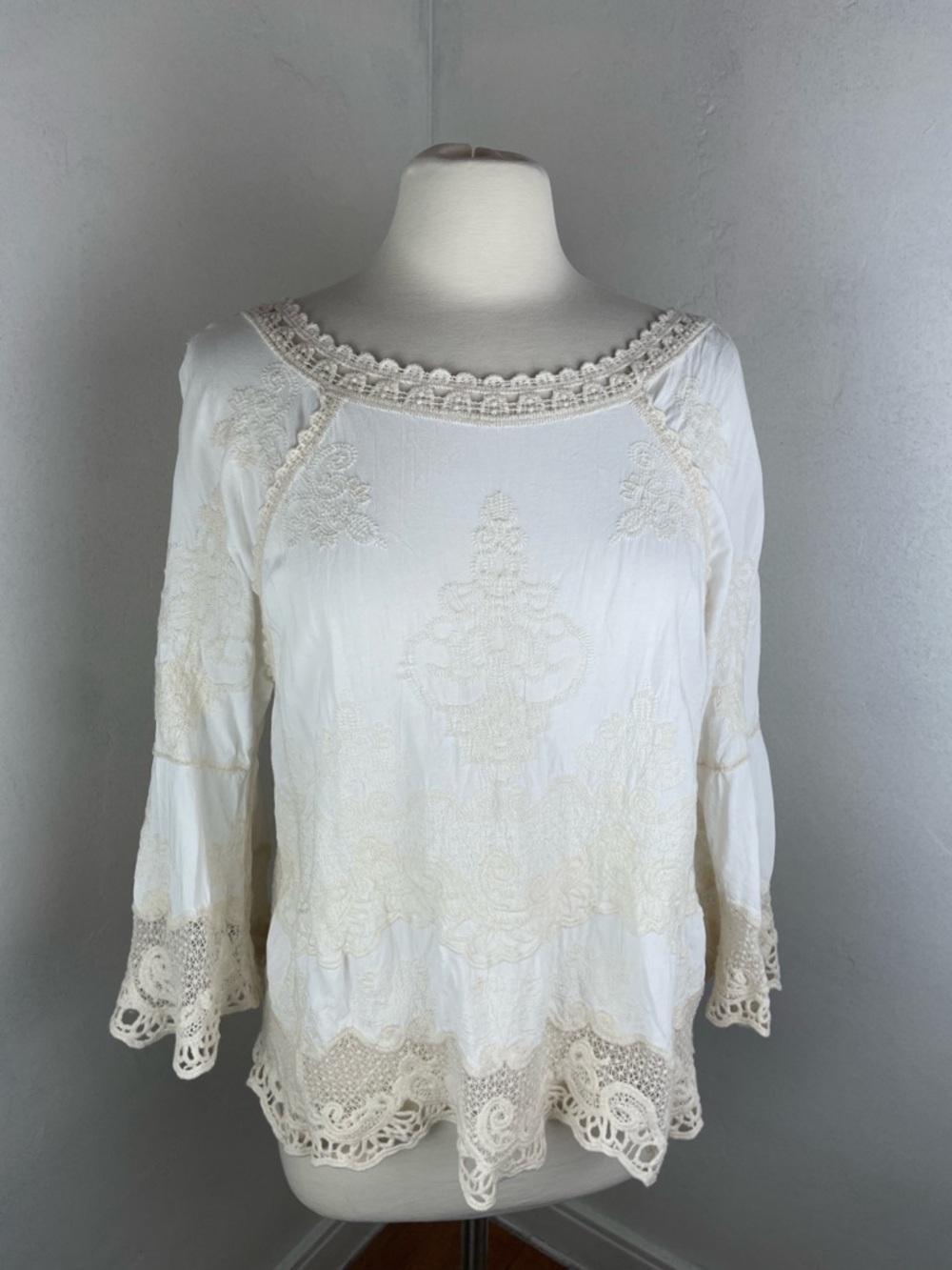 Democracy Cream and White Crochet-Trim Peasant Blouse